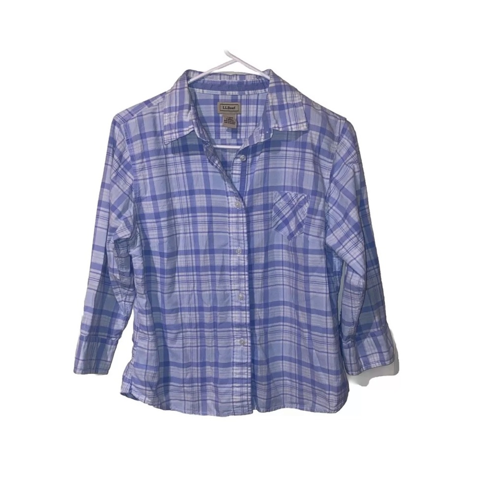 LL Bean Button Up Plaid 100%Cotton Womens Medium Hiking Outdoor Granola Girl Top